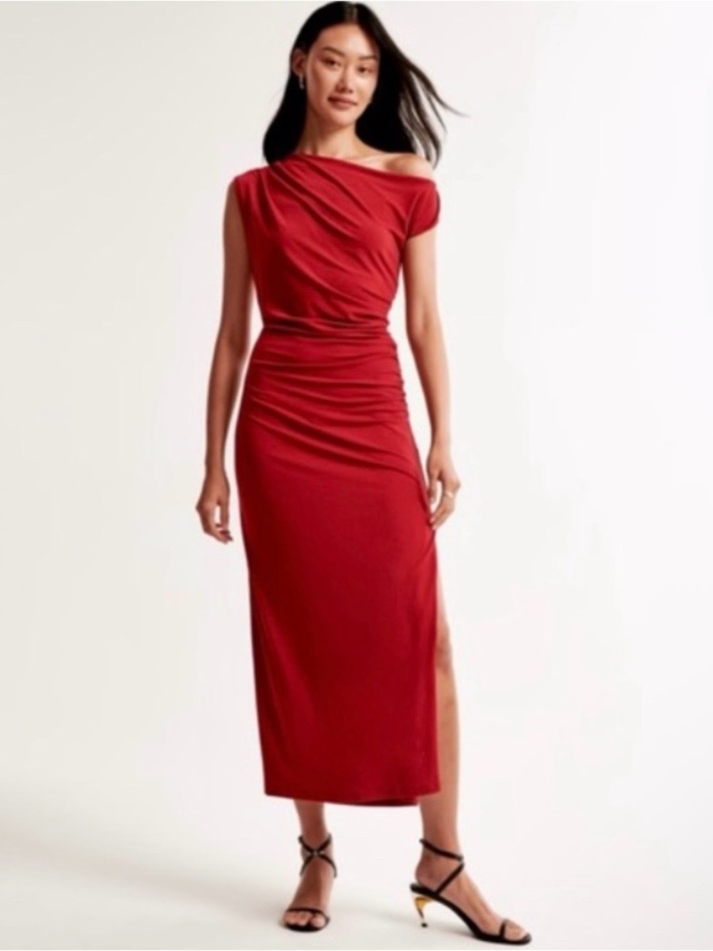 Red Abercrombie & Fitch Ruched Midi Dress